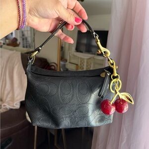 Coach Legacy Perforated Stitched Cs Black Leather Mini Bag with Cherry Charm